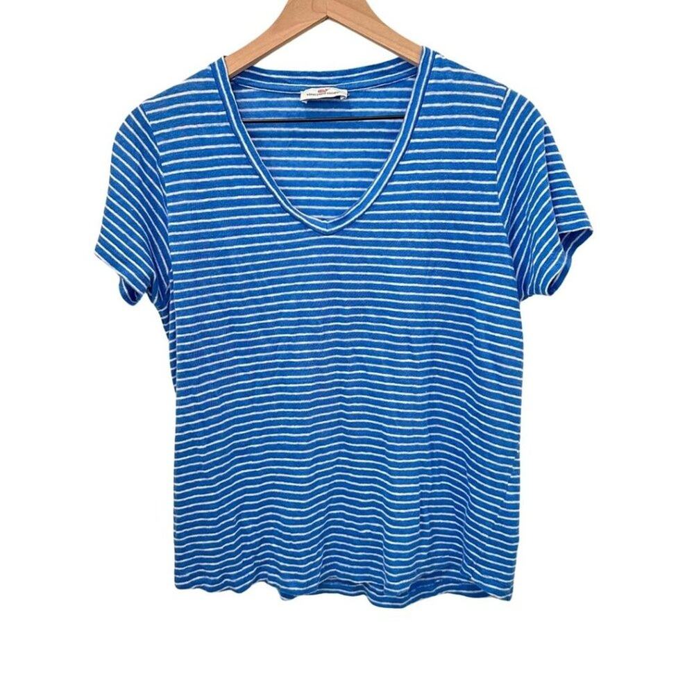 Vineyard Vine V-Neck Tee Stripped Blue & White Small